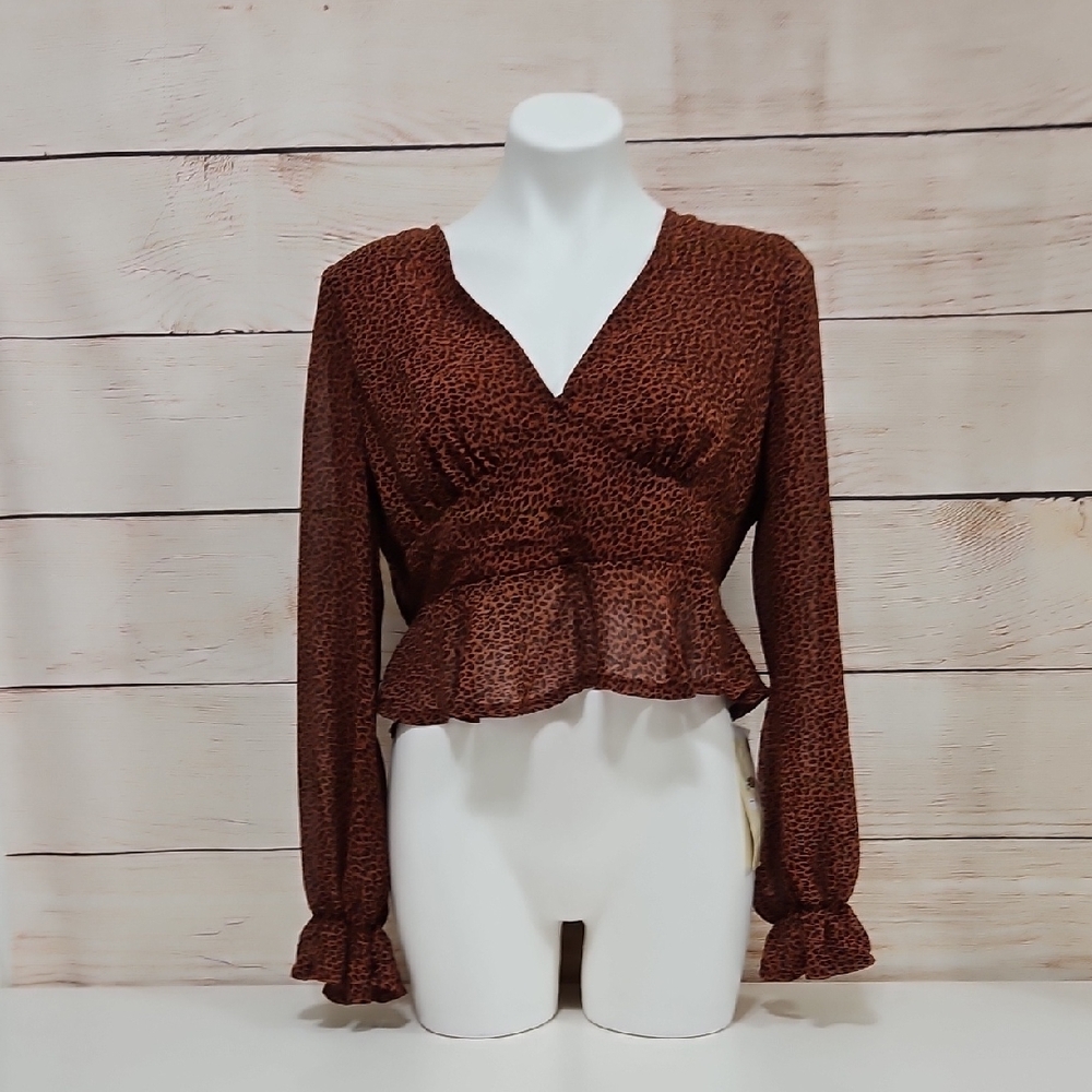 NWT Ever B Brown Leopard Print Women's Ruffle Cropped Top Blouse Large